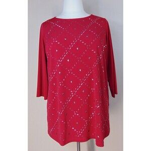 Susan Graver Top Red Womens 1X Embellished Tunic Liquid Knit Holiday 3/4 Sleeve